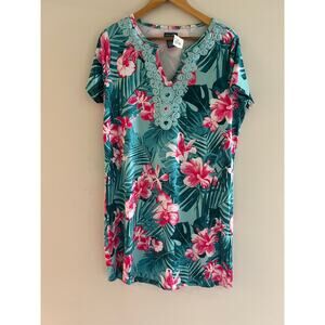 NWOT Caribbean Joe Short Sleeve Sundress Green Pink Tropical Size Small JL